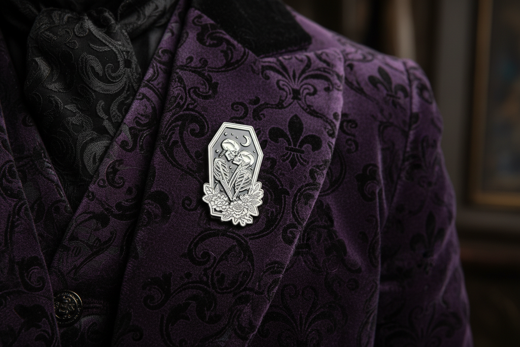 Skeleton lovers enamel pin worn on jacket lapel, witchy pin style for everyday wear