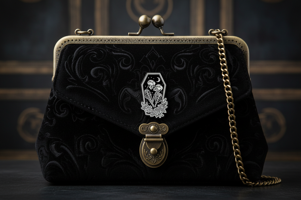 Skeleton lovers enamel pin attached to purse gothic brooch accessory for bags and personal style