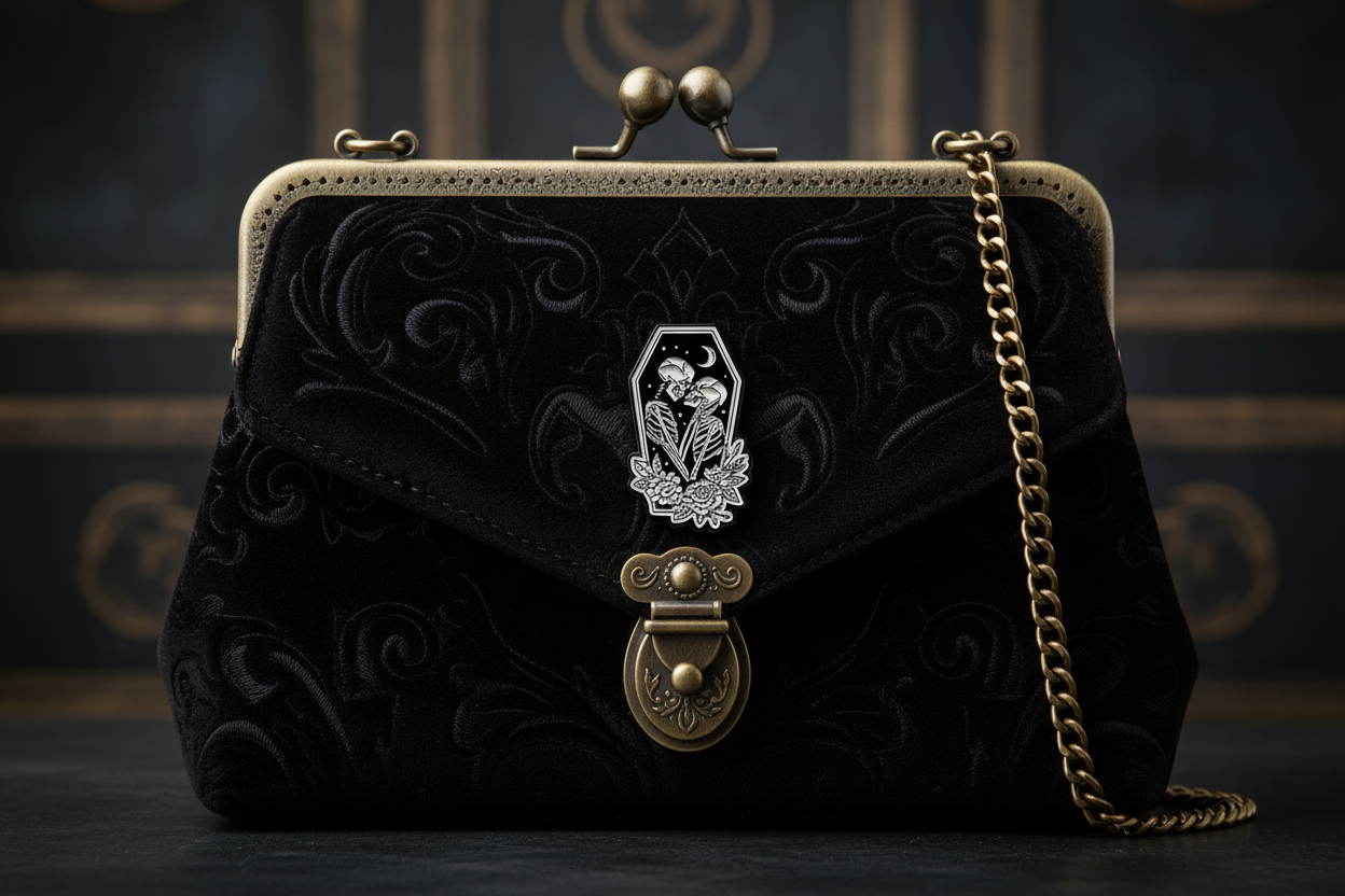 Skeleton lovers enamel pin attached to purse gothic brooch accessory for bags and personal style
