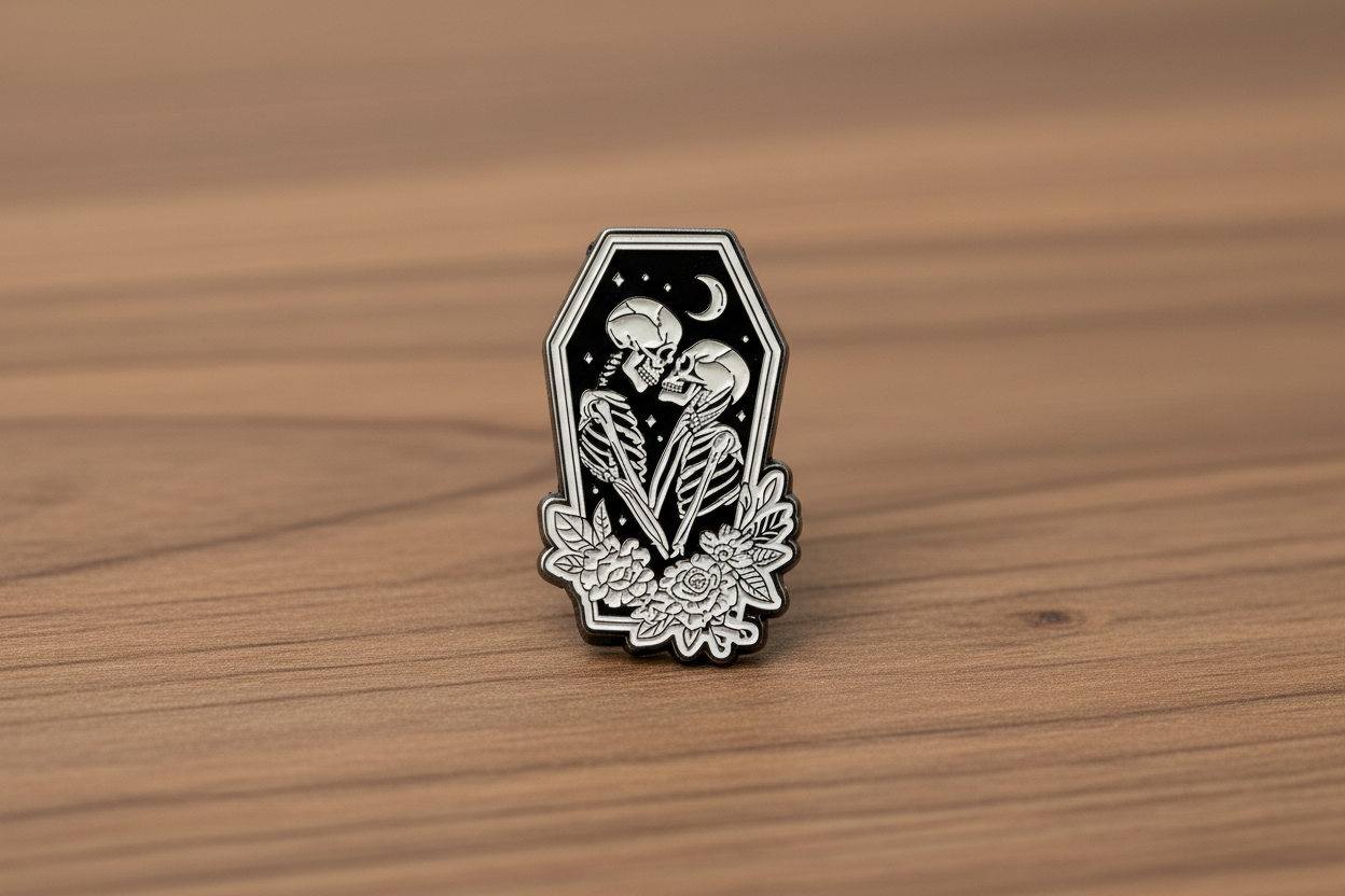 Skeleton lovers enamel pin on wood background witchy enamel pin with flower detail