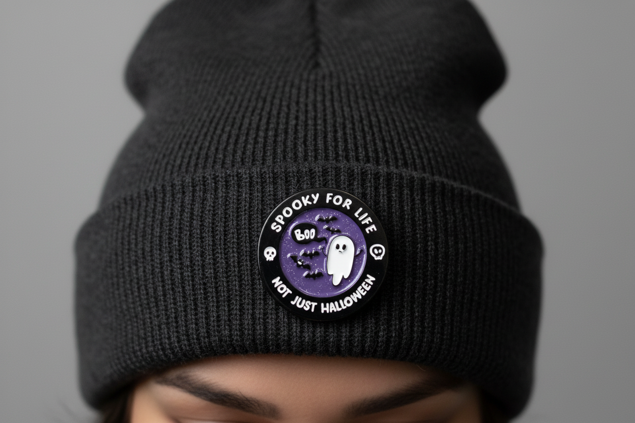 Spooky For Life Not Just Halloween Enamel Pin worn on beanie hat gothy enamel pin for casual outfits and street wear