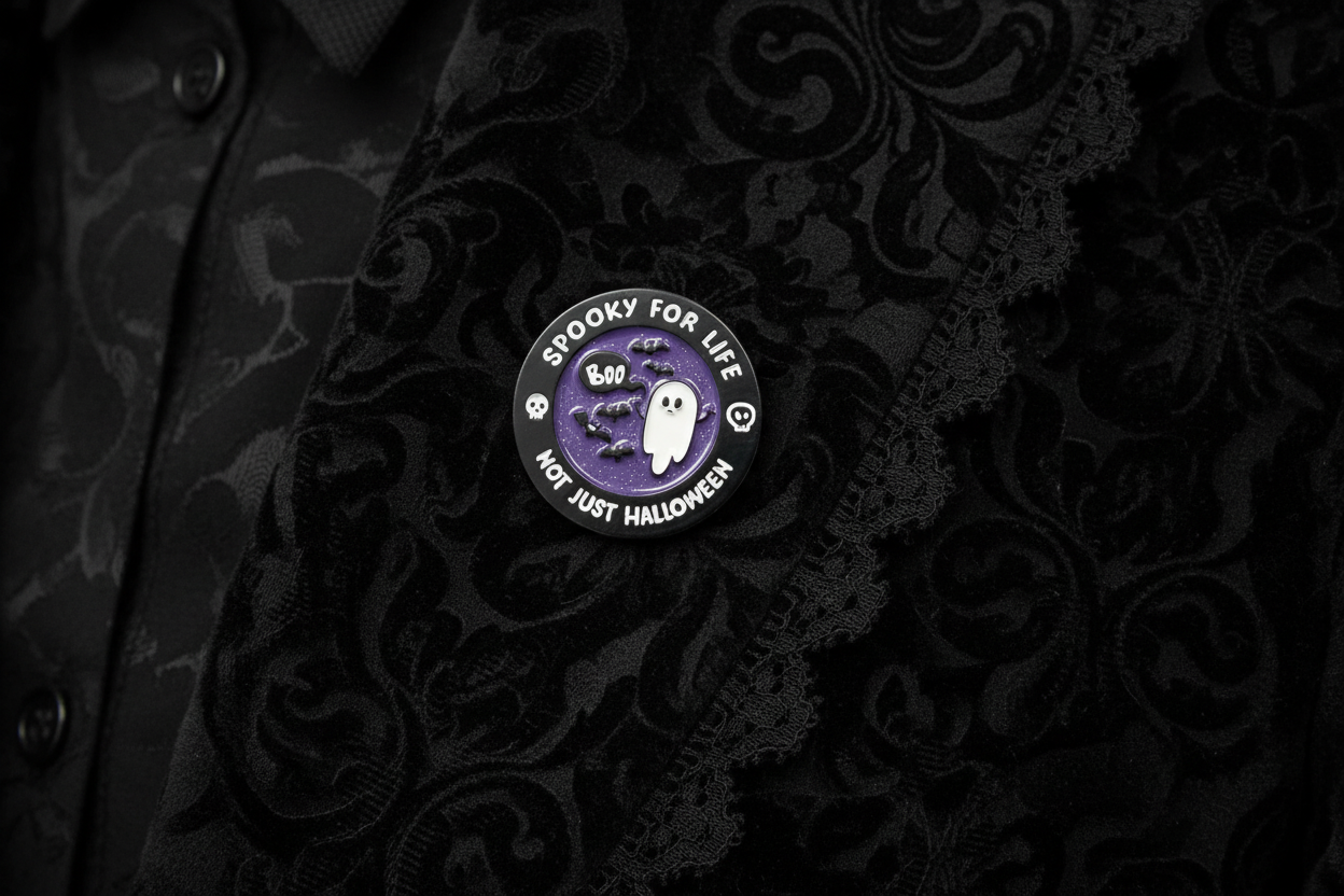 Spooky For Life Not Just Halloween Enamel Pin worn on jacket lapel, goth pin style for everyday wear