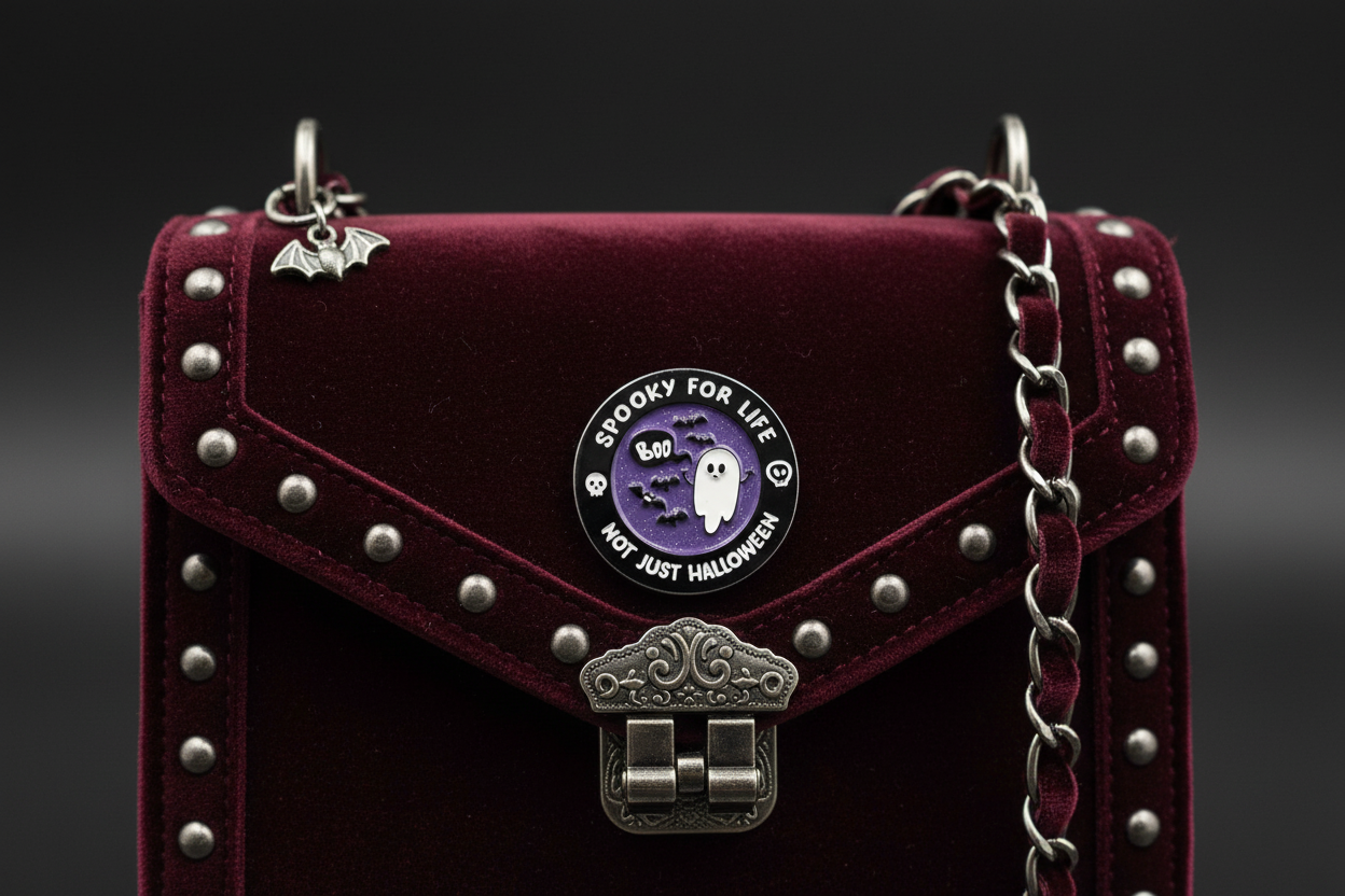 Spooky For Life Not Just Halloween Enamel Pin attached to purse halloween brooch accessory for bags and personal style