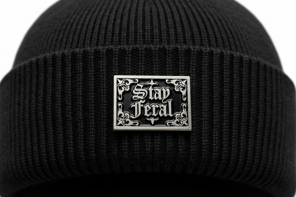 Stay Feral Enamel Pin worn on beanie hat alternative enamel pin for casual outfits and street wear