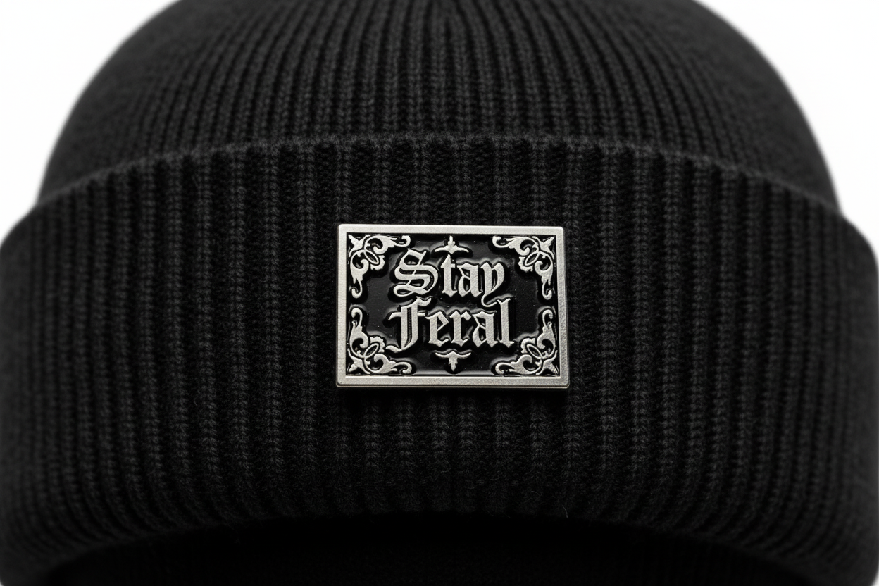 Stay Feral Enamel Pin worn on beanie hat alternative enamel pin for casual outfits and street wear
