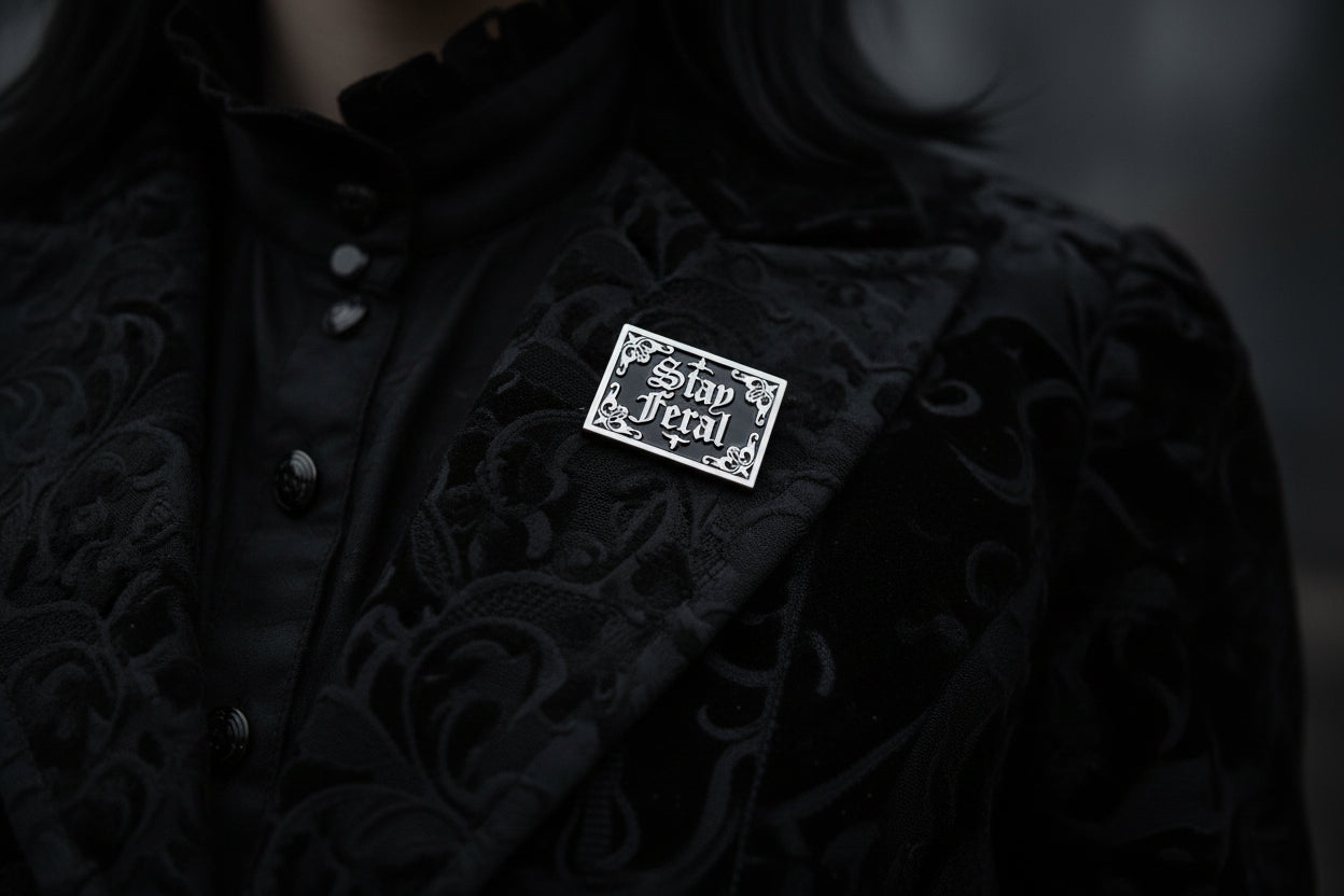 Stay Feral Enamel Pin worn on jacket lapel, gothic pin style for everyday wear