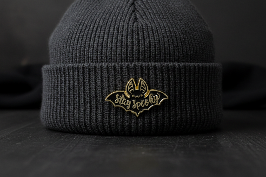 Stay Spooky Enamel Pin worn on beanie hat alternative enamel pin for casual outfits and street wear