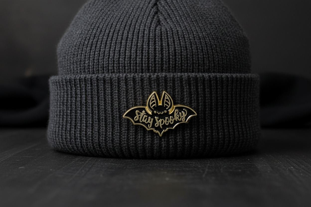 Stay Spooky Enamel Pin worn on beanie hat alternative enamel pin for casual outfits and street wear