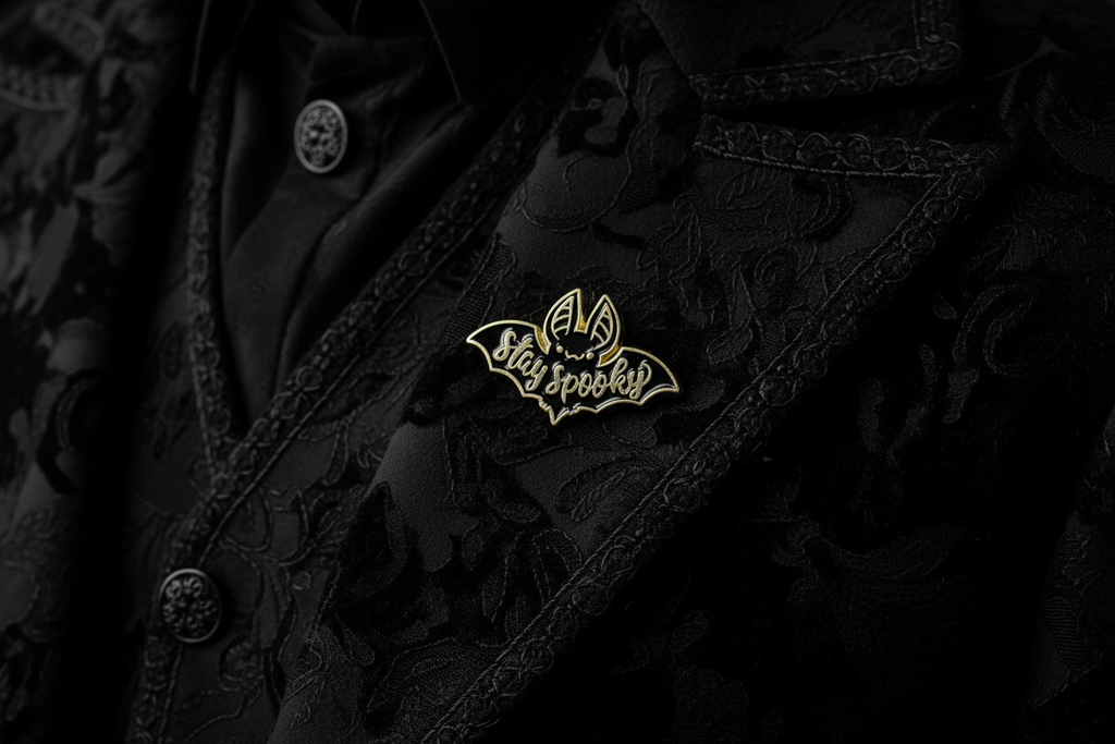 Stay Spooky Enamel Pin worn on jacket lapel, gothic pin style for everyday wear