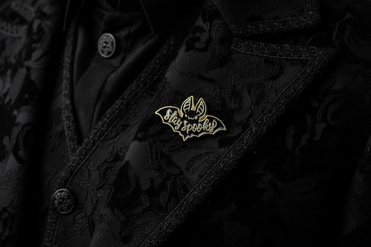 Stay Spooky Enamel Pin worn on jacket lapel, gothic pin style for everyday wear