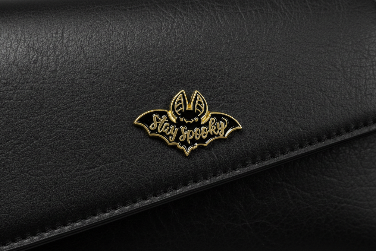 Stay Spooky Enamel Pin attached to purse Halloween brooch accessory for bags and personal style
