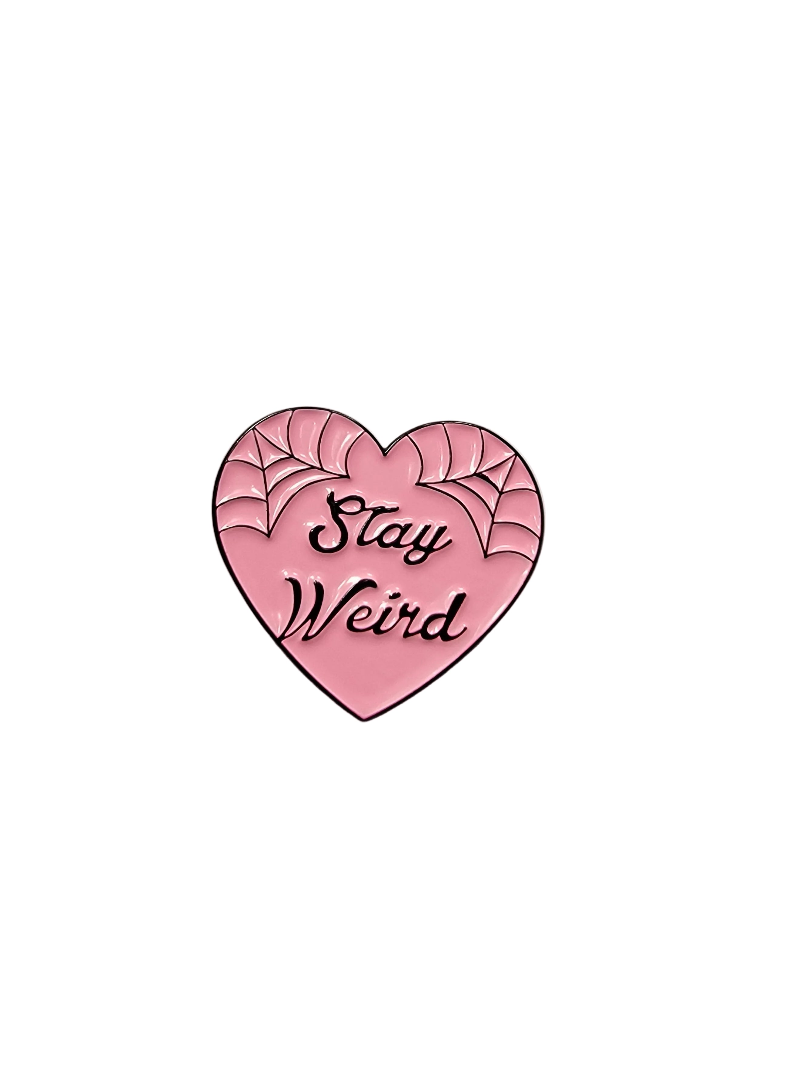 Stay Weird Enamel Pin featuring spiderweb design, spooky cute gift for jackets and bags 