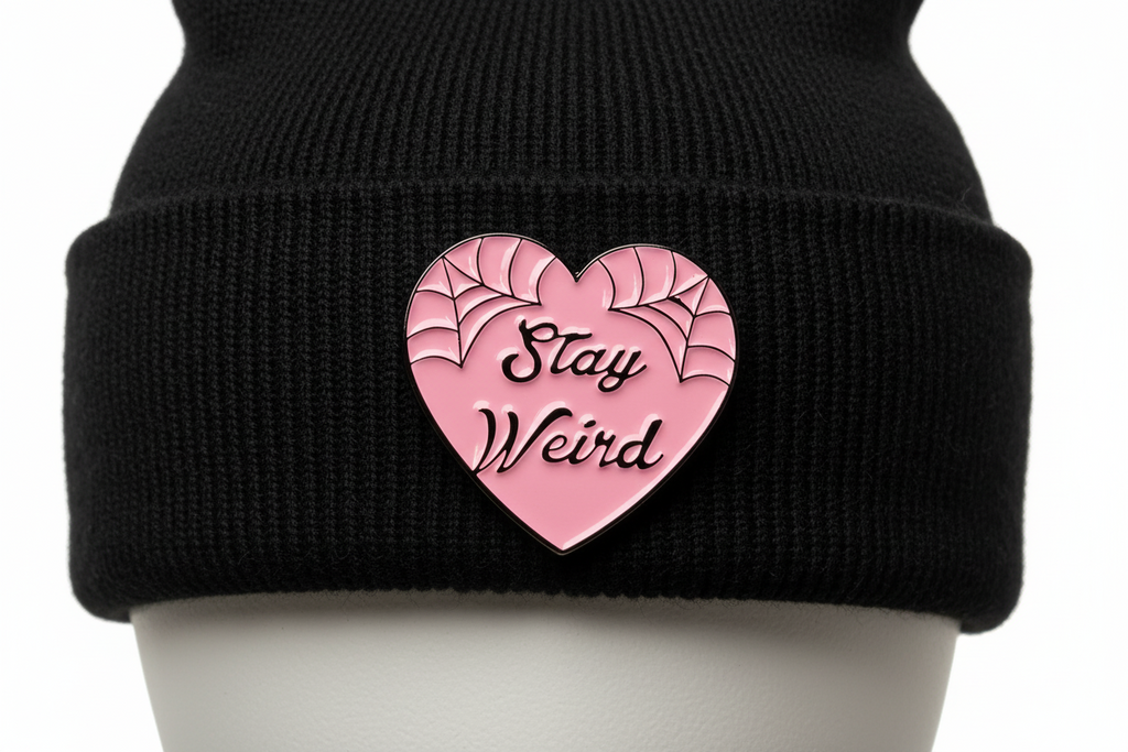 Stay Weird Enamel Pin worn on beanie hat alternative enamel pin for casual outfits and street wear
