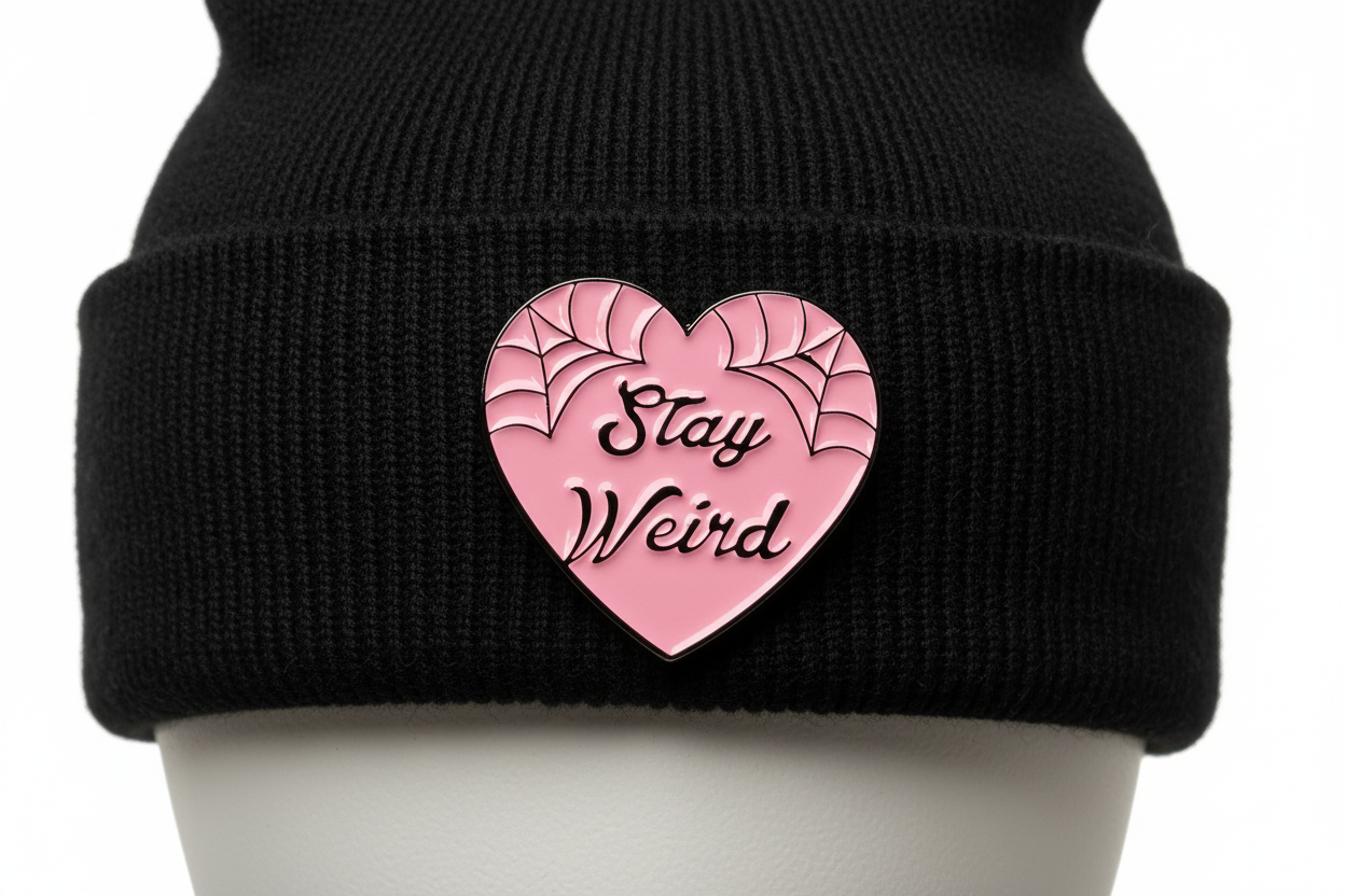 Stay Weird Enamel Pin worn on beanie hat alternative enamel pin for casual outfits and street wear
