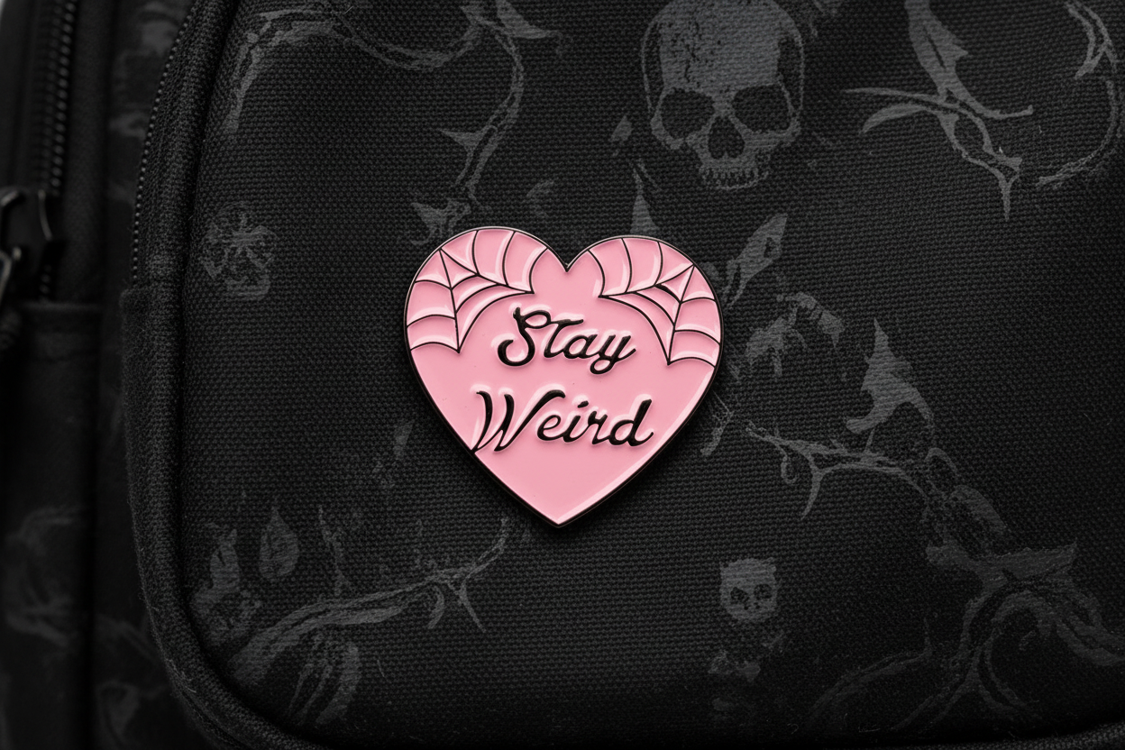Stay Weird Enamel Pin on backpack witchy accessory for customizing bags and school gear