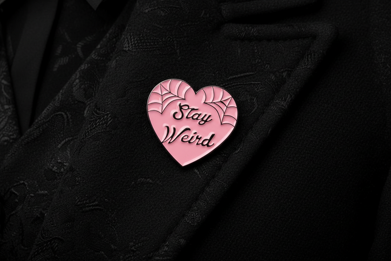 Stay Weird Enamel Pin worn on jacket lapel, goth pin style for everyday wear