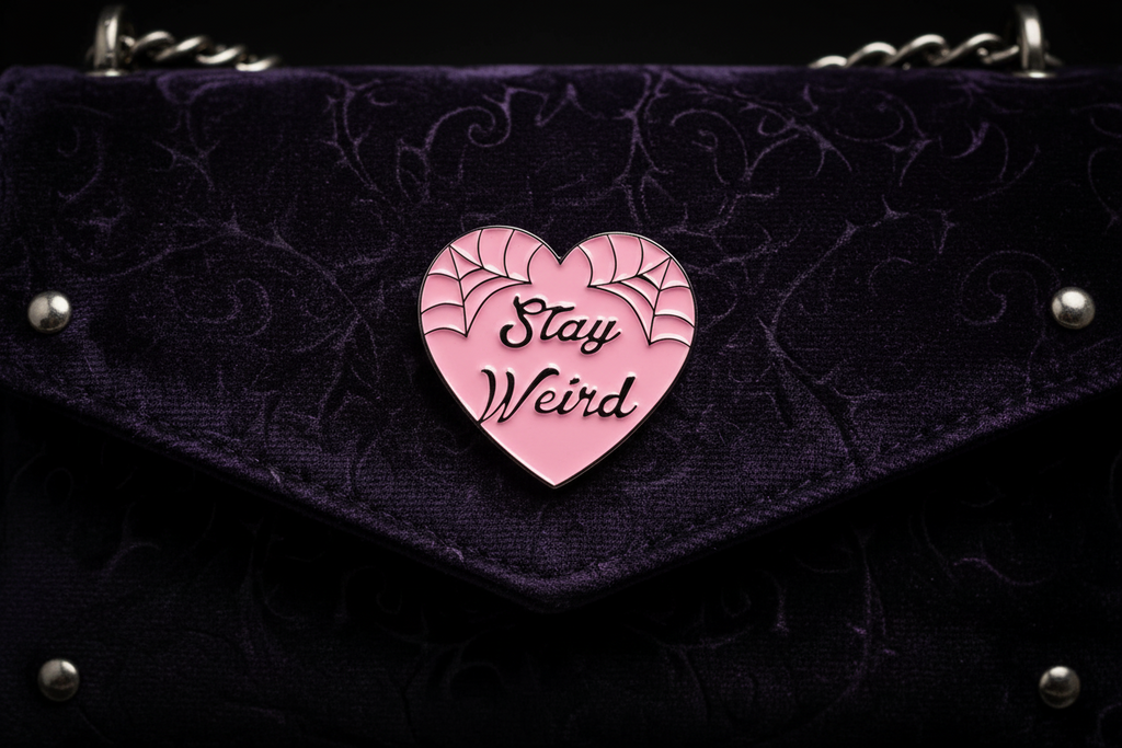 Stay Weird Enamel Pin attached to purse spooky brooch accessory for bags and personal style