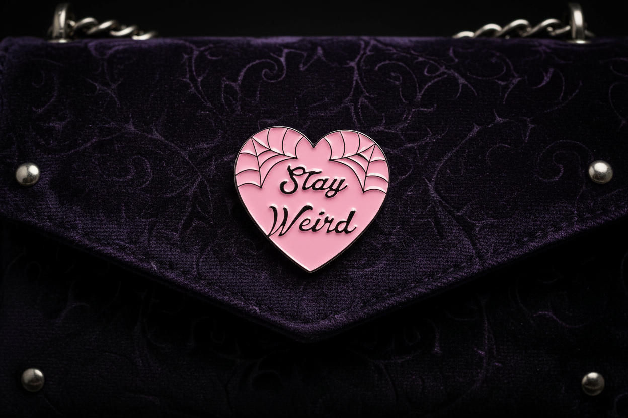 Stay Weird Enamel Pin attached to purse spooky brooch accessory for bags and personal style