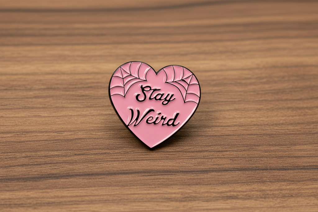 Stay Weird Enamel Pin on wood background weird enamel pin with black spiderweb