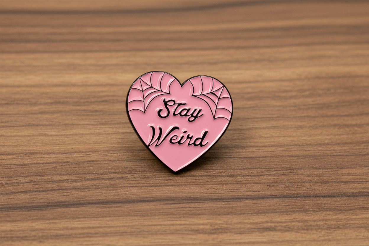 Stay Weird Enamel Pin on wood background weird enamel pin with black spiderweb