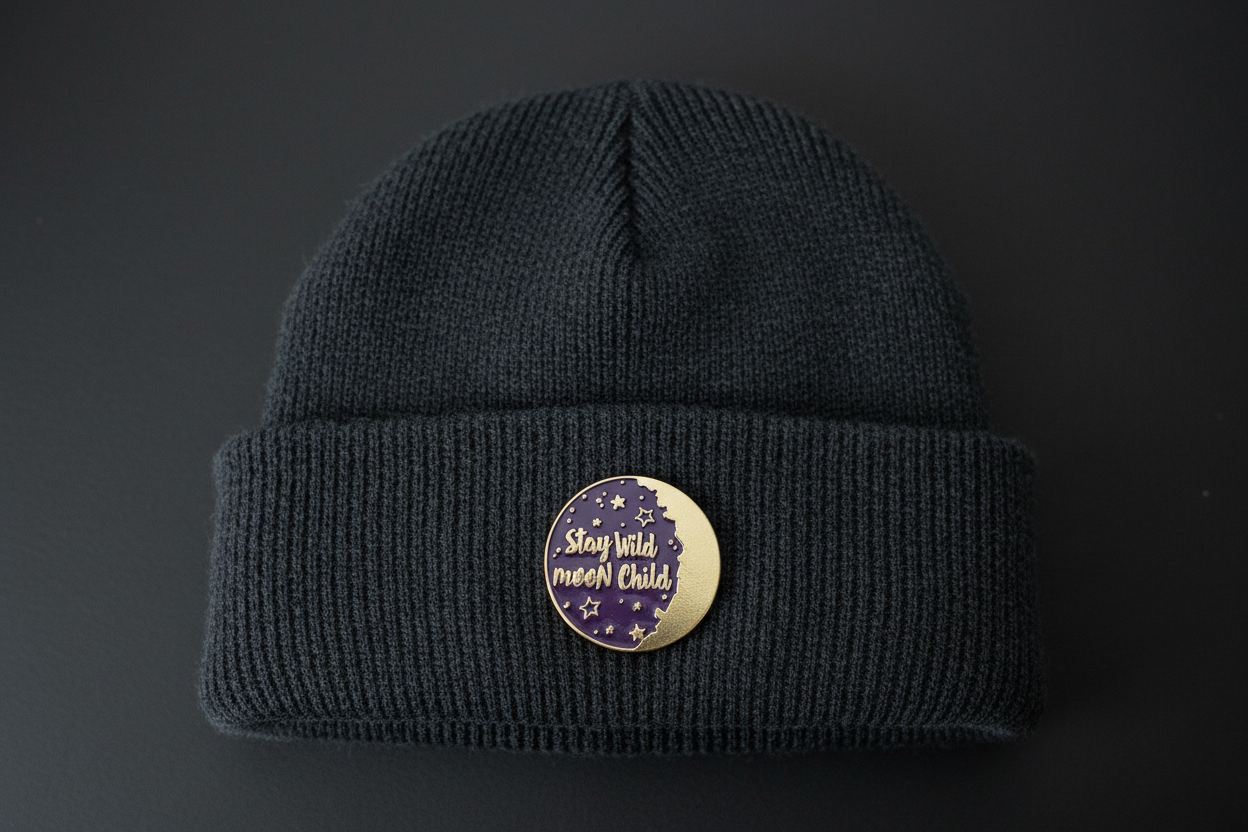 Stay Wild Moon Child Enamel Pin worn on beanie hat alternative enamel pin for casual outfits and street wear
