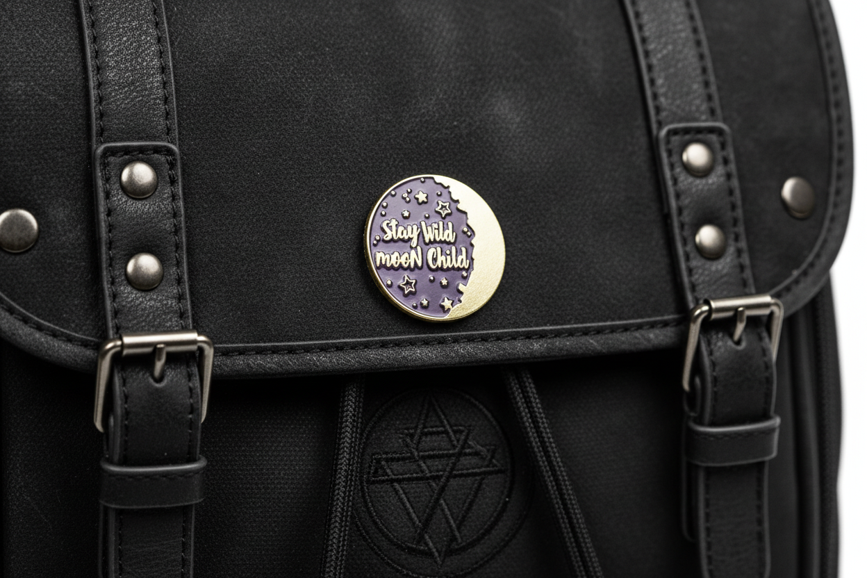 Stay Wild Moon Child Enamel Pin on backpack witch accessory for customizing bags and school gear