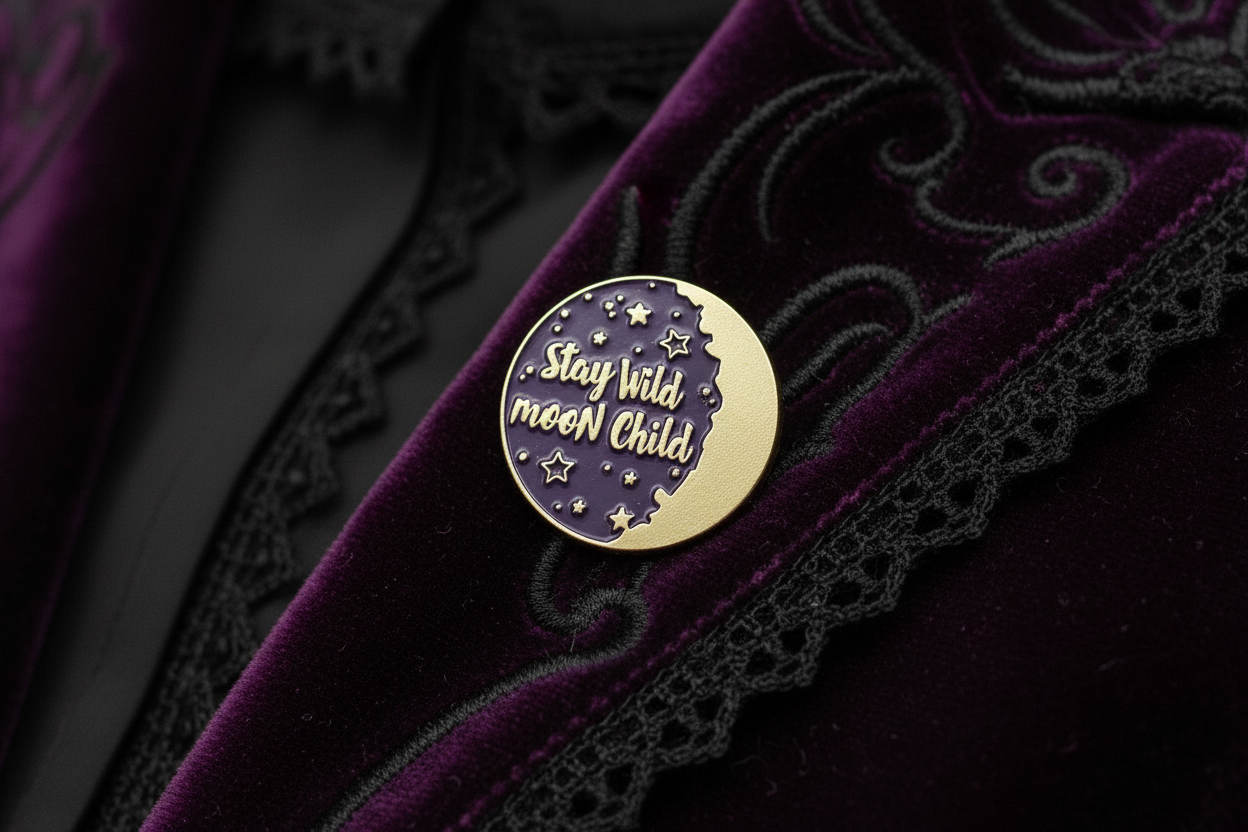 Stay Wild Moon Child Enamel Pin worn on jacket lapel, boho pin style for everyday wear