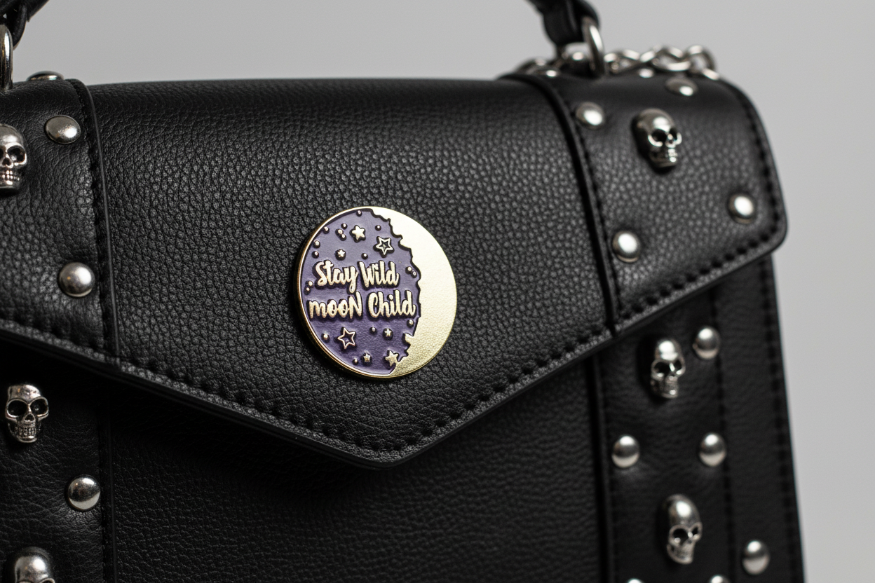 Stay Wild Moon Child Enamel Pin attached to purse hippie brooch accessory for bags and personal style