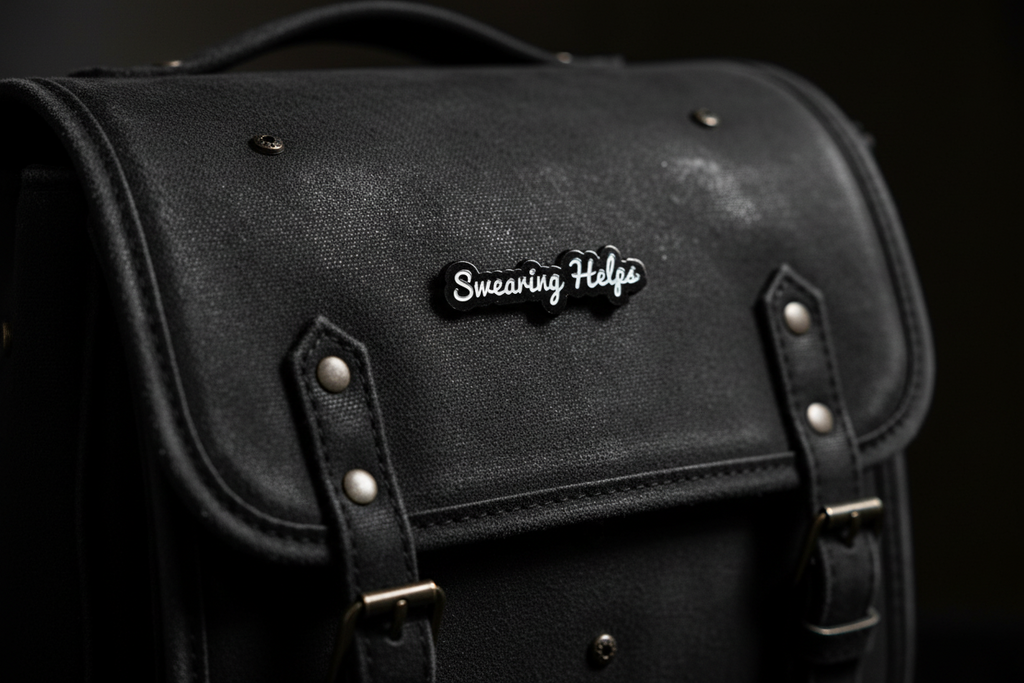 Black and white enamel pin that say s "swearing helps" on a black bookbag background