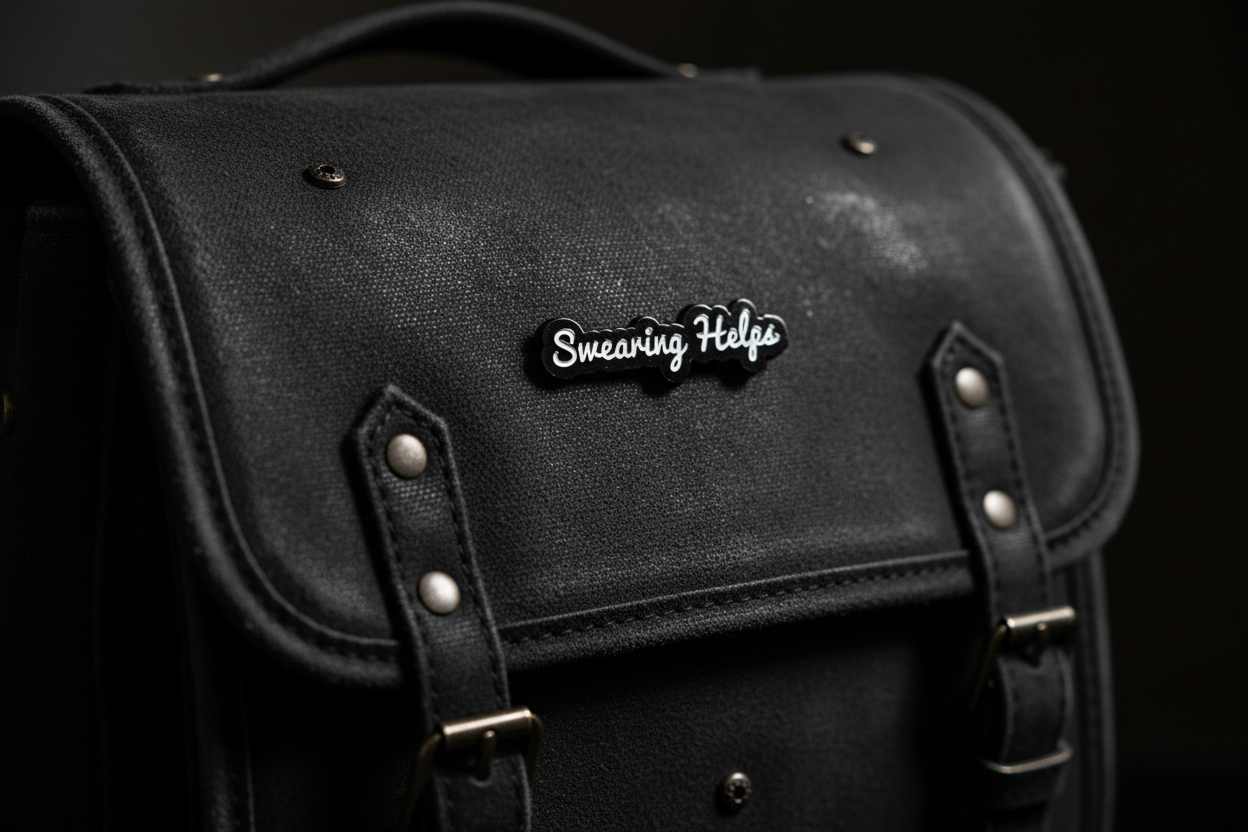 Black and white enamel pin that say s "swearing helps" on a black bookbag background