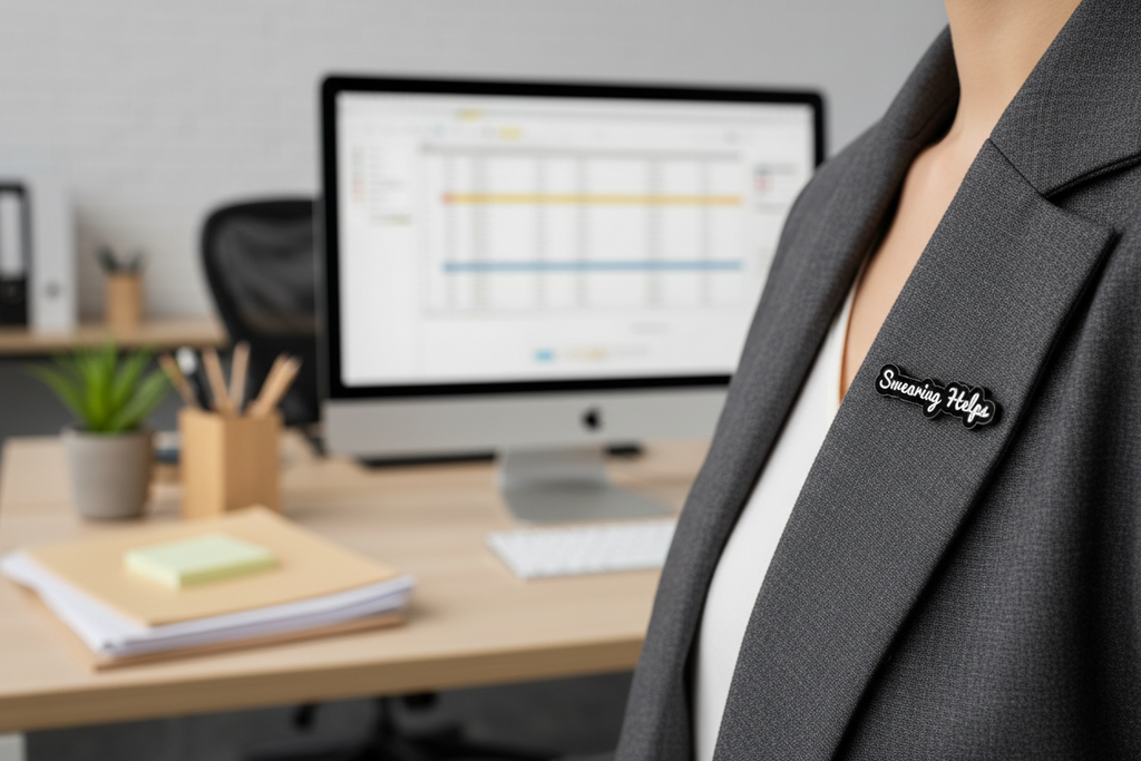 Black and white enamel pin that say s "swearing helps" on lapel with a office background