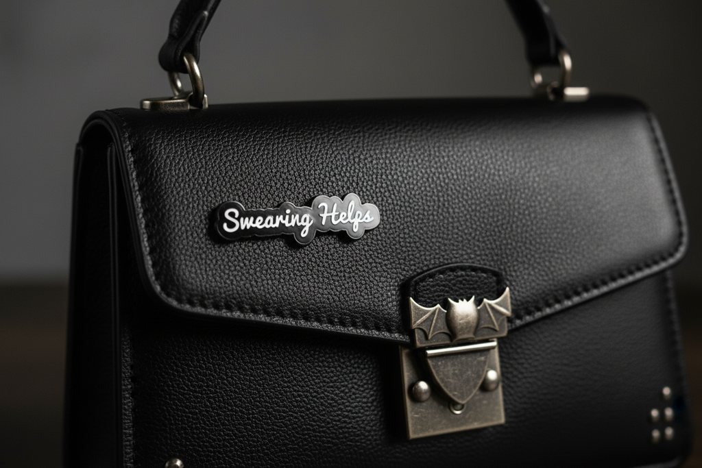 Black and white enamel pin that say s "swearing helps" on a purse background