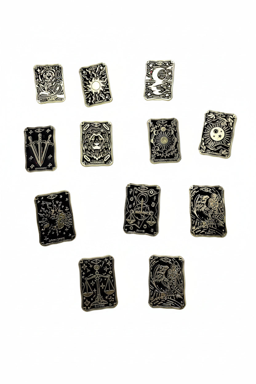 Tarot Card Enamel Pin Collection featuring ten designs, mystical gift for jackets and bags 