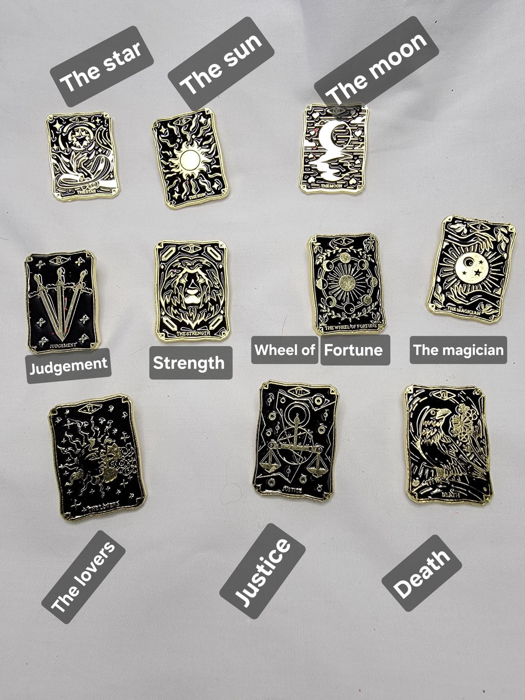 Tarot Card Enamel Pin collection with names above