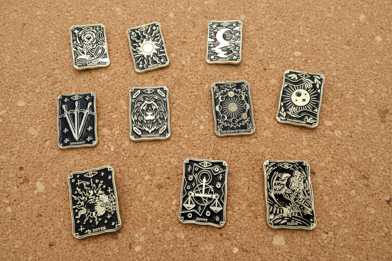 Tarot Card Enamel Pin collection displayed on cork board witchy woman enamel pin for collectors and display