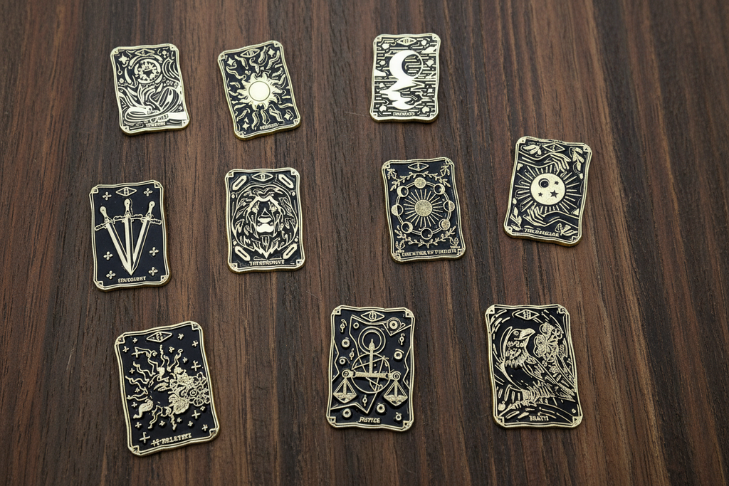 Tarot Card Enamel Pin collection on wood background occult enamel pin with black and gold details