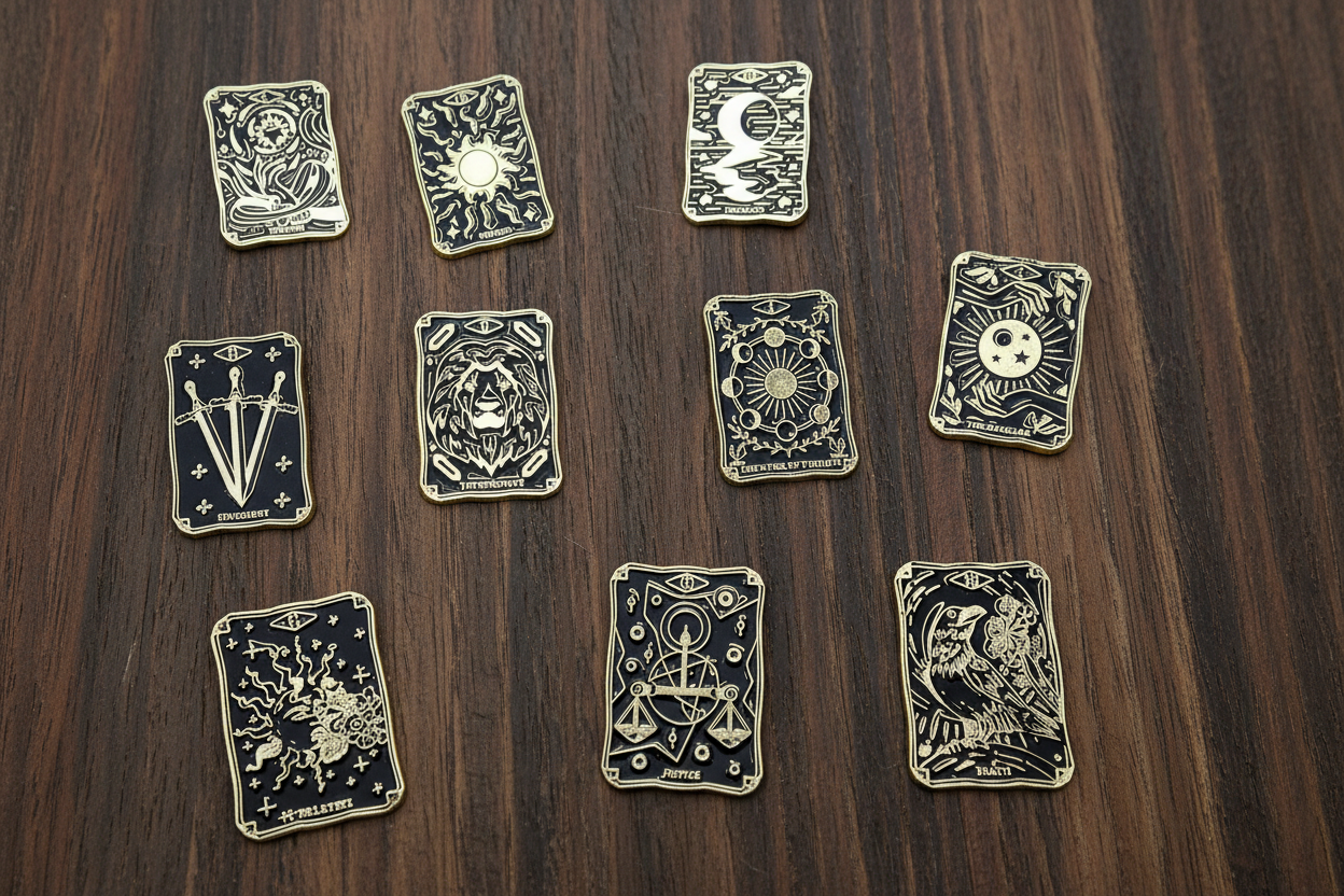 Tarot Card Enamel Pin collection on wood background occult enamel pin with black and gold details