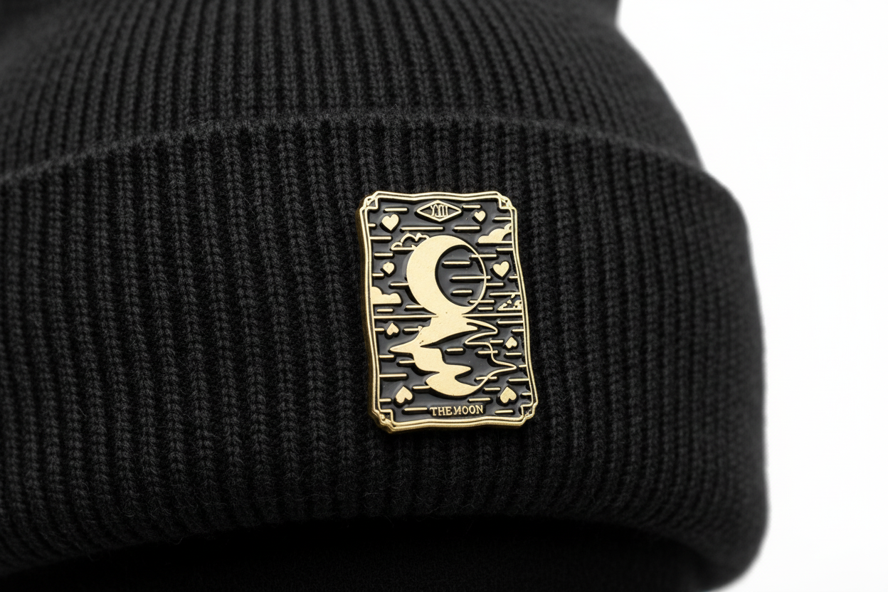Tarot Card Enamel Pin worn on beanie hat alternative enamel pin for casual outfits and street wear