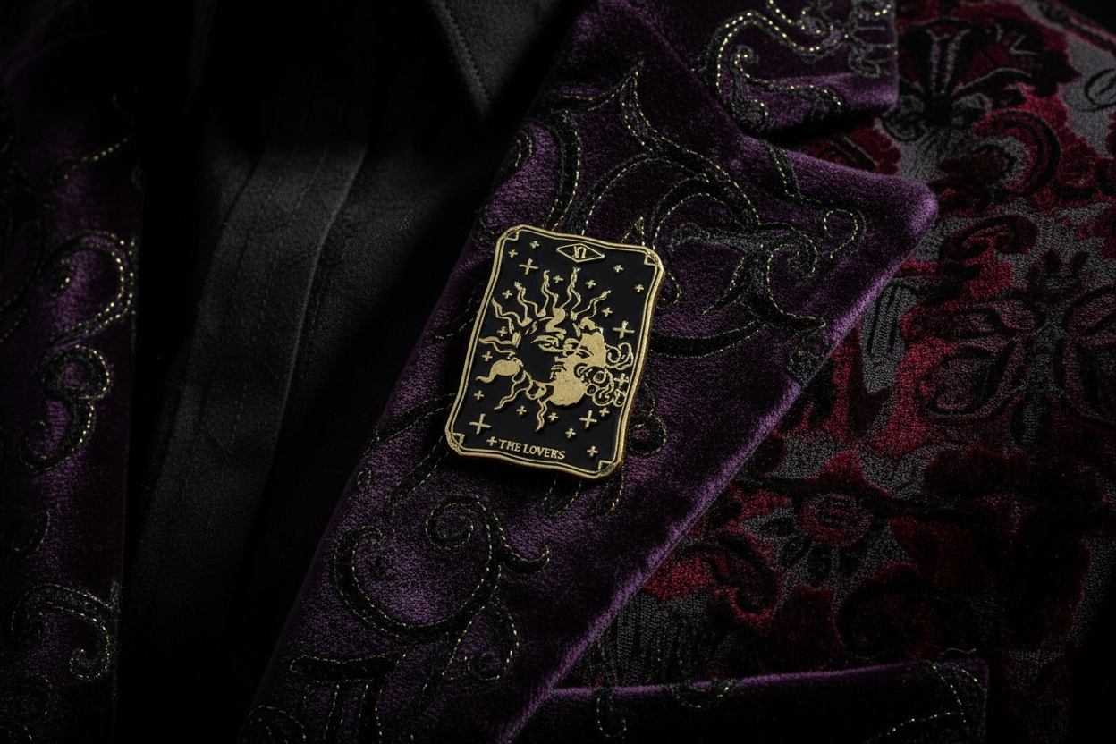 Tarot Card Enamel Pin worn on jacket lapel, gothic pin style for everyday wear