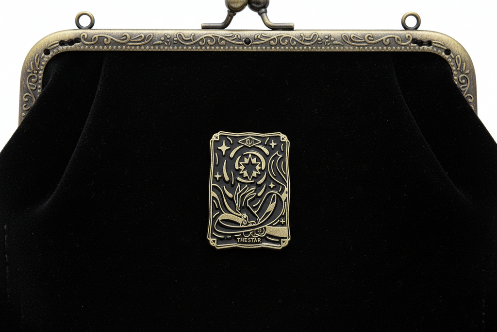 Tarot Card Enamel Pin attached to purse witchy brooch accessory for bags and personal style