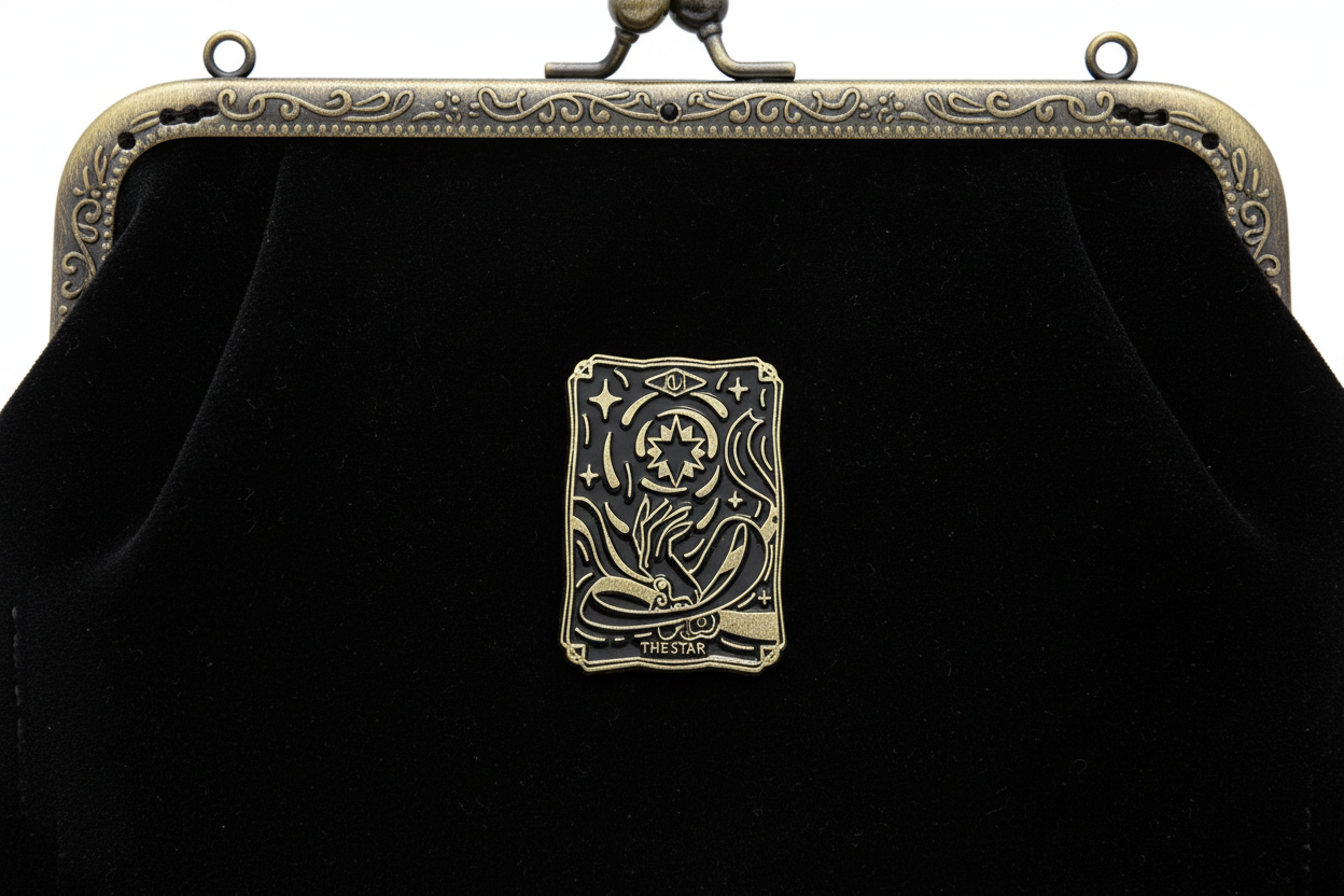 Tarot Card Enamel Pin attached to purse witchy brooch accessory for bags and personal style