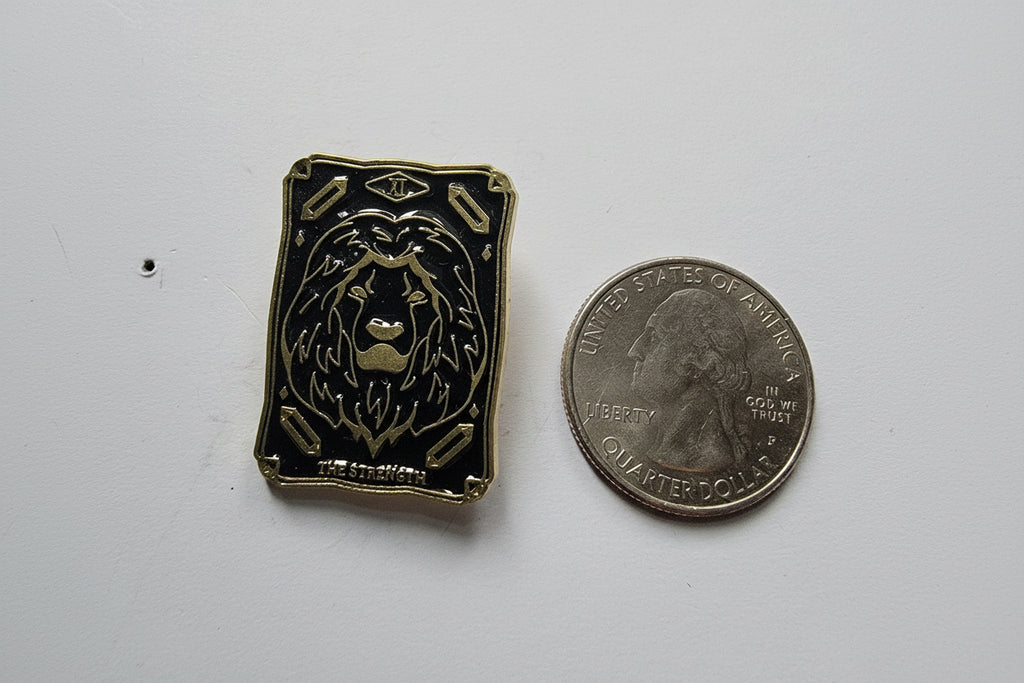 Tarot Card Enamel Pin shown next to quarter for size reference witch enamel pin dims 7/8 in W x 1 1/8 in H