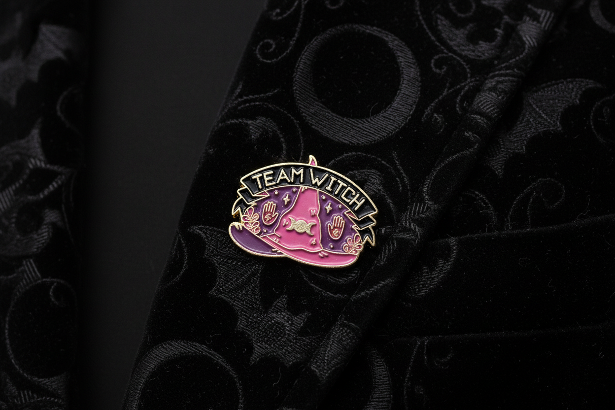 Team Witch Enamel Pin worn on jacket lapel, witchy pin style for everyday wear