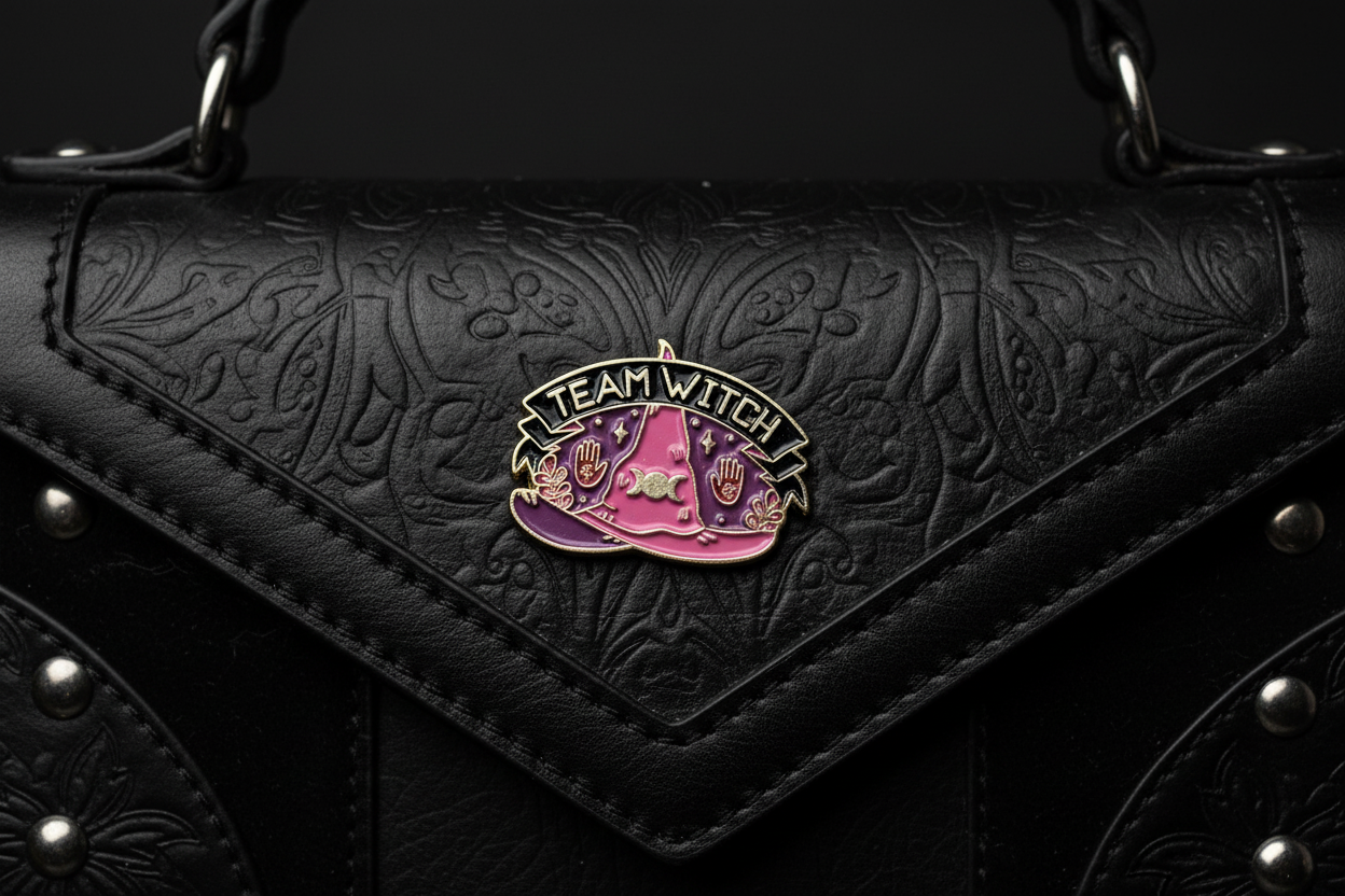 Team Witch Enamel Pin attached to purse gothic brooch accessory for bags and personal style