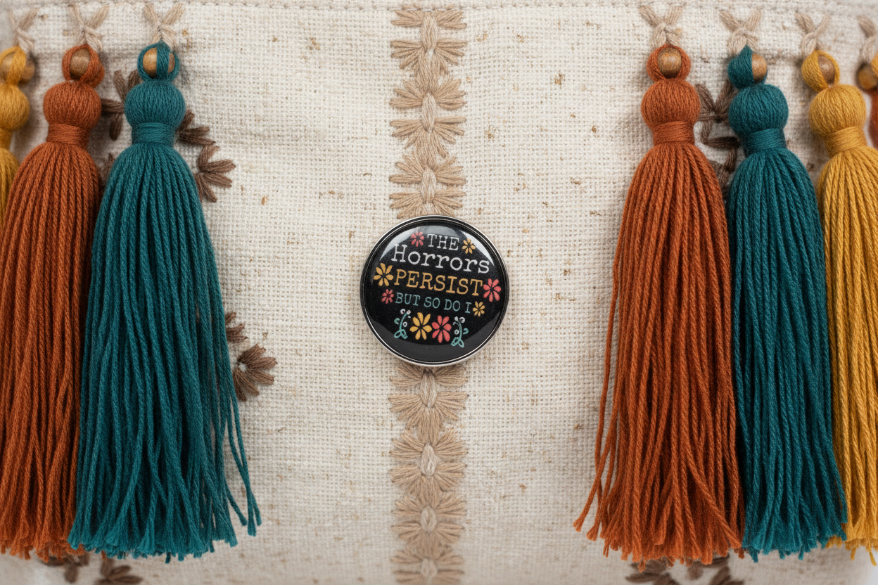 The Horrors Persist But So Do I Enamel Pin- Funny Meme Pin, Coworker Gift, Bookbag and Lapel Pin