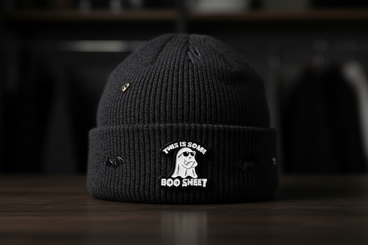 This Is Some Boo Sheet enamel pin worn on beanie hat alternative enamel pin for casual outfits and street wear