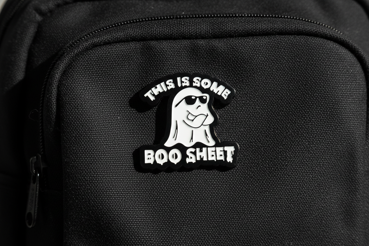 This Is Some Boo Sheet enamel pin on backpack halloween accessory for customizing bags and school gear