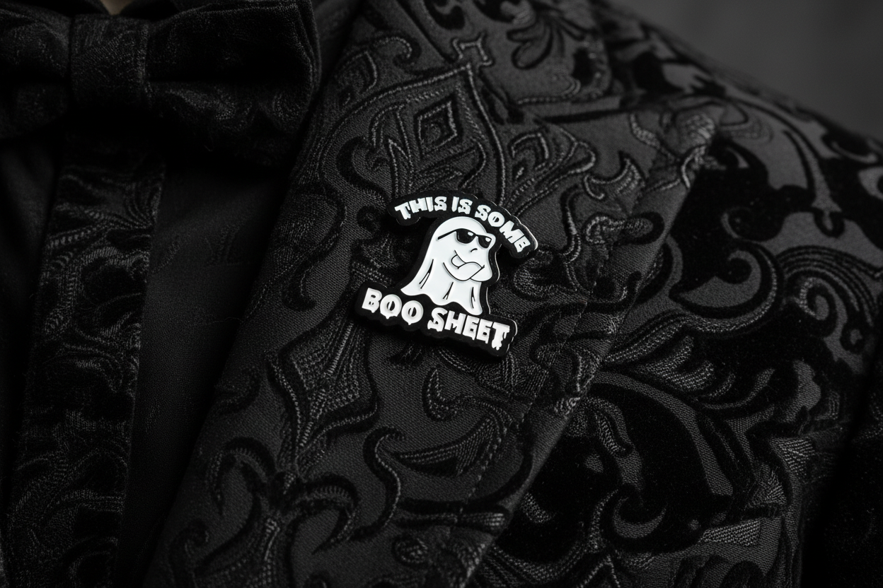 This Is Some Boo Sheet worn on jacket lapel, gothic pin style for everyday wear