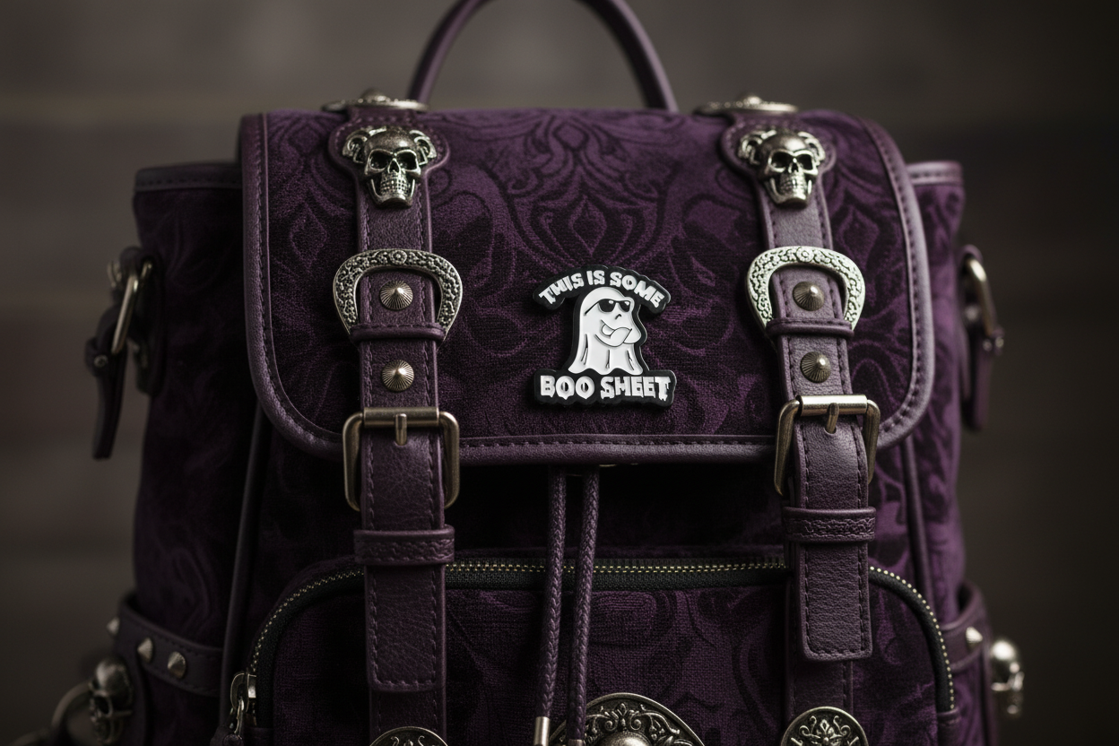 This Is Some Boo Sheet enamel pin attached to purse witchy brooch accessory for bags and personal style