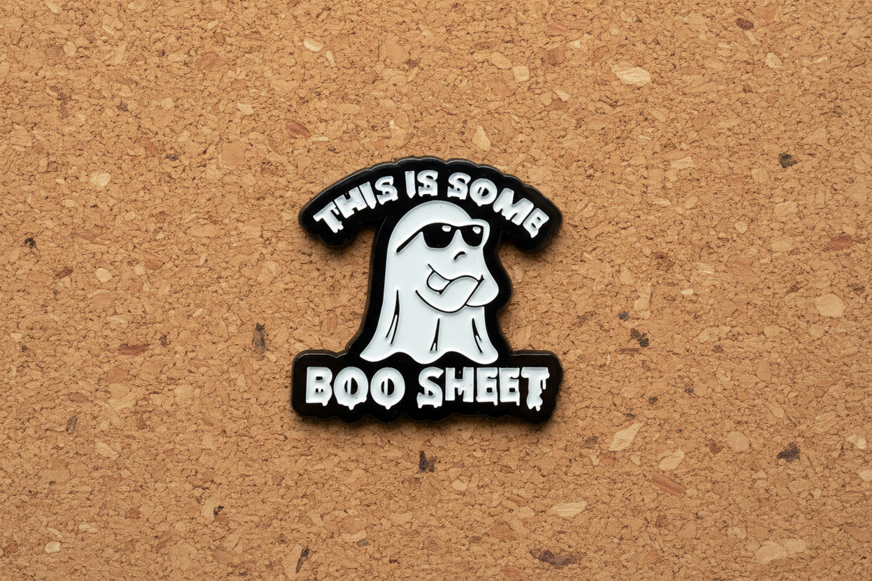 This is some boo Sheet enamel pin displayed on cork board alt enamel pin for collectors and display